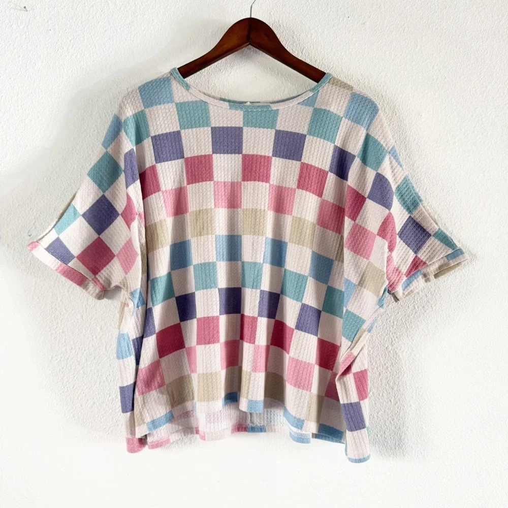 Cozycore Hopely Pastel Checkerboard Waffle Knit Oversized Top Large Cottagecore - Picture 2 of 12